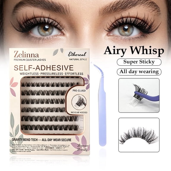Zelinna Airy Whisp Self-Adhesive False Eyelash Clusters, Natural Wispy, Black, 8-16 mm, 120 Count