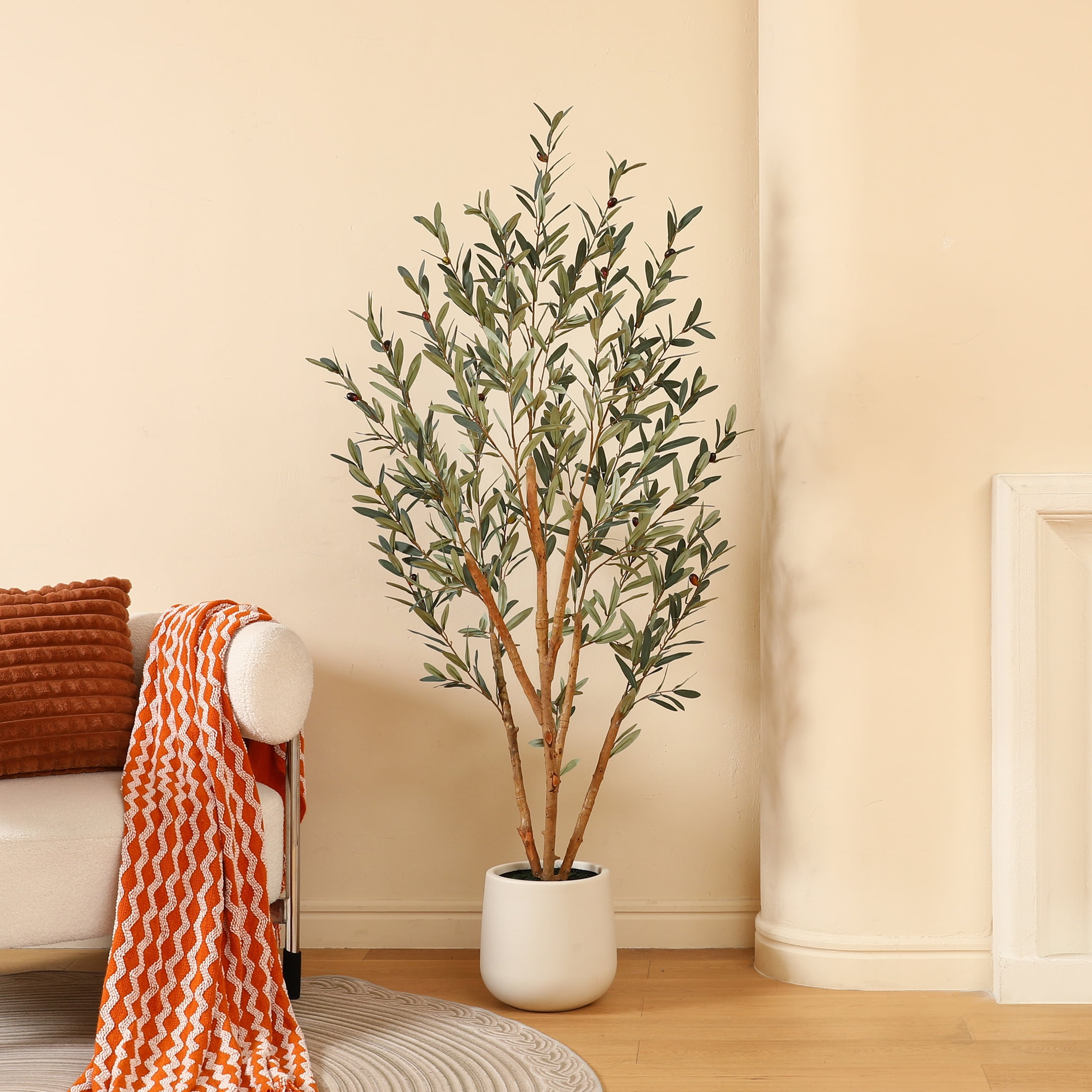 6ft Fake Olive Tree with Oval White Planter, Artificial Olive Plants with Realistic Leaves and Natural Trunk, Big Fake Plants for Home Decor