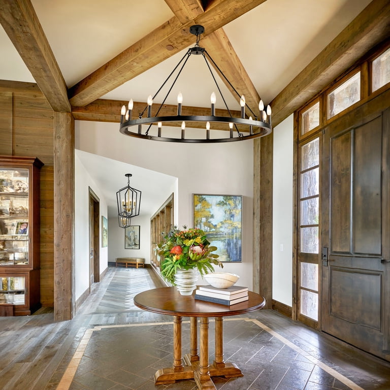 Black Wagon Wheel Chandelier – 8-Light Industrial Farmhouse Ceiling Fixture, 23.6" Diameter, Adjustable Height Up To 82.6", E26 Sockets, For Dining Room, Porch, Living Room, Entryway & Kitchen Island
