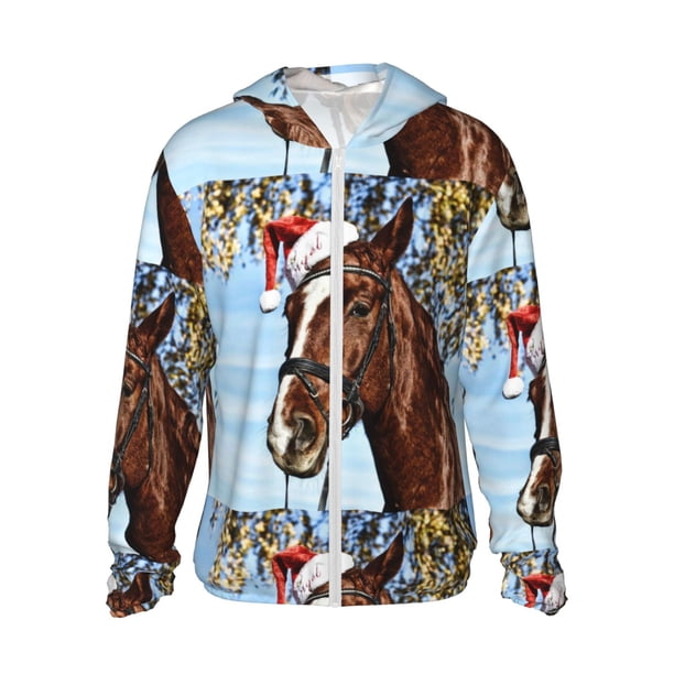 Fotbe Christmas Horse Chaqueta con Protección Solar UPF 50+ para Hombre y Mujer, Camisa con Capucha y Bolsillos-X-Large
