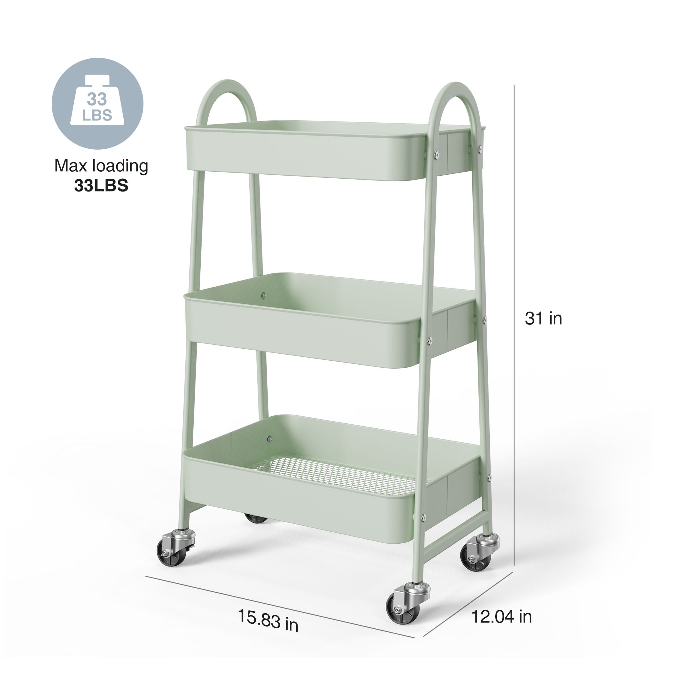 GIANNA 3 - Tier Utility Cart with Wheels, Mobile Shelving Metal Organizer Trolley Rolling Storage Shelves Unit Caster for Snack Narrow Places, Green