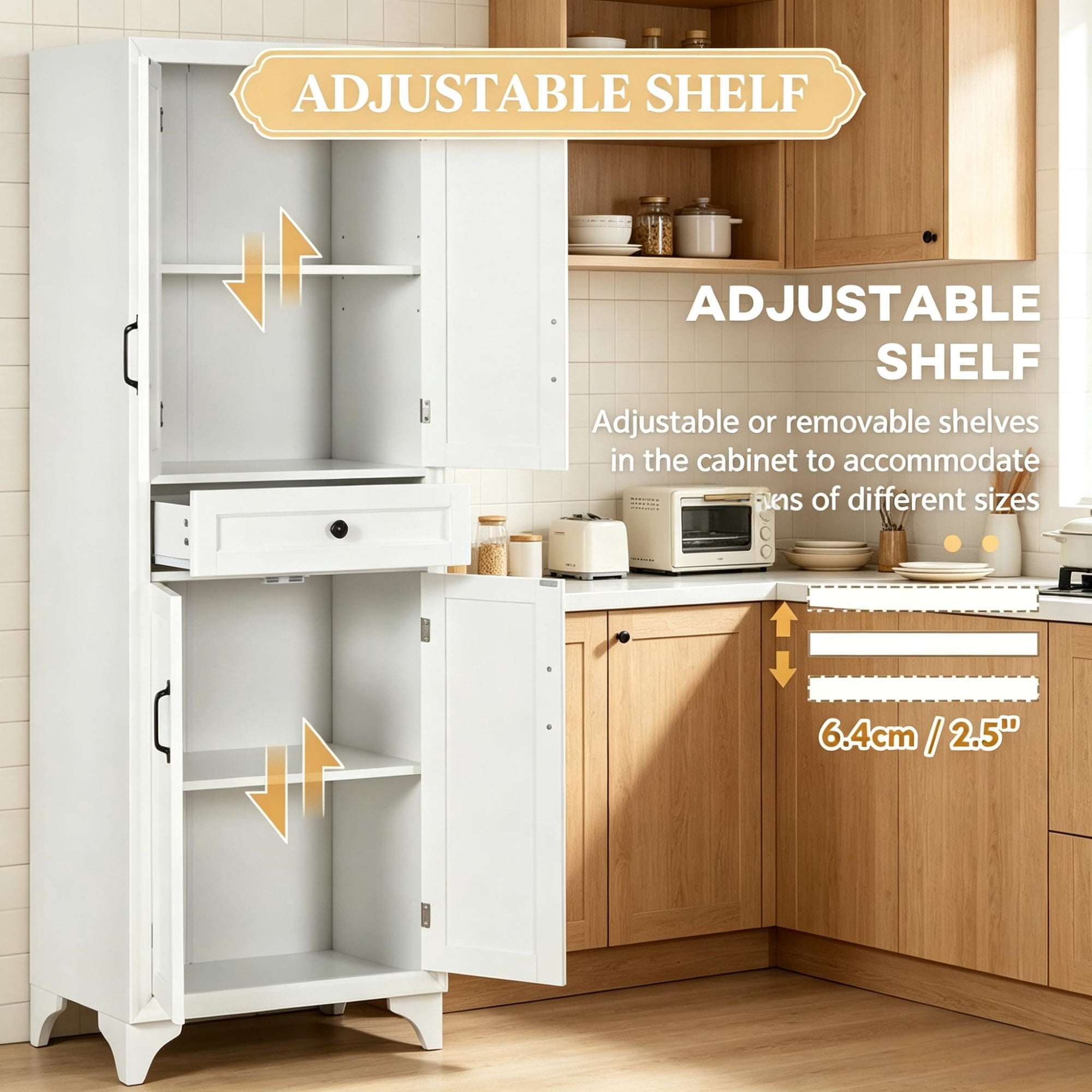 67" 4-Door Kitchen Pantry, with Drawer and Adjustable Shelves, Large-Capacity Storage Cabinet, White