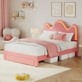 thumbnail image 2 of FULL Upholstered LED Bed Frame with Storage Drawer, Cute Girls Bed with Adjustable Wave Headboard, Velvet Princess Platform Bed Frame, Wooden Slats Support, No Box Spring Needed, Pink, 2 of 9