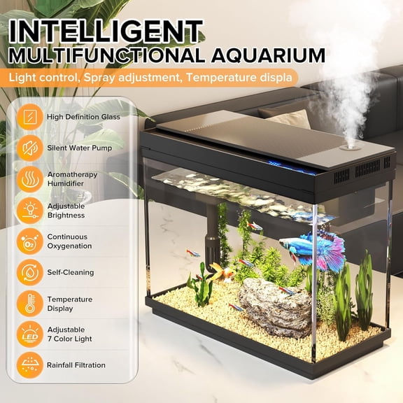 Fish Tank, 2.4 Gallon Fish Aquarium, Fish Tank Starter kit with Smart Humidifier, Temperature Display, 7-Color Lighting, 3 in 1 Quiet Pump with Filteration & Oxygenation & Circulation