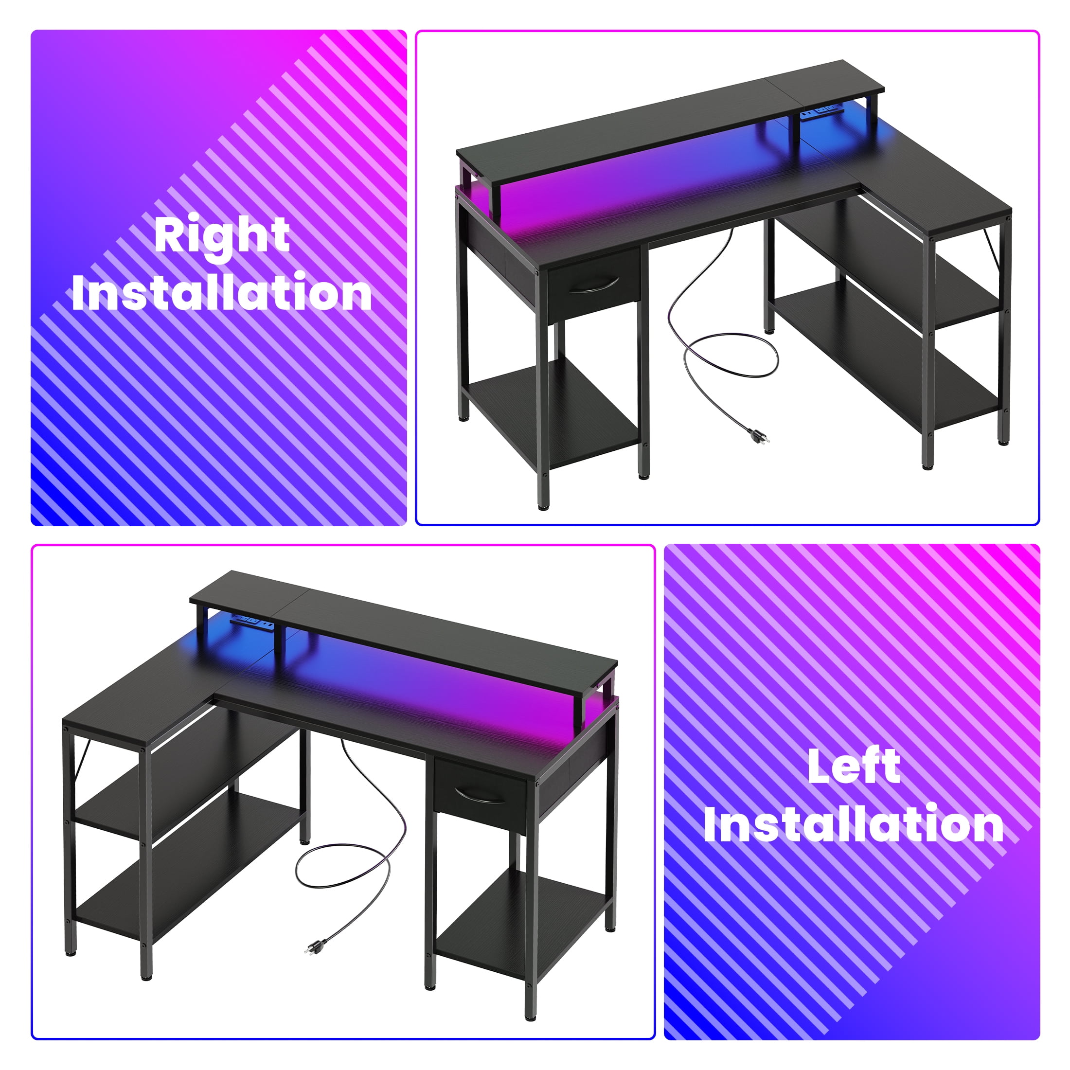 EDX 47 Inch L Shaped Gaming Desk with Power Outlet & LED Light, Reversible Computer Desk with Shelves & Monitor Stand, Corner Desk with Drawer for Home Office, Black