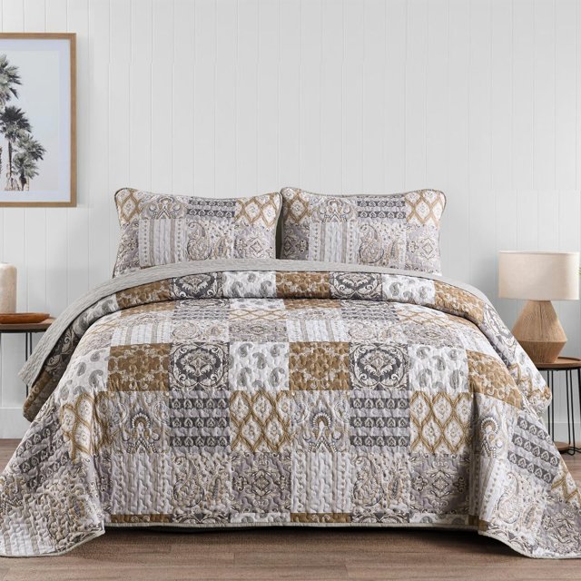 Juego de edredón WONGS BEDDING, color marrón, tamaño queen, patchwork a cuadros