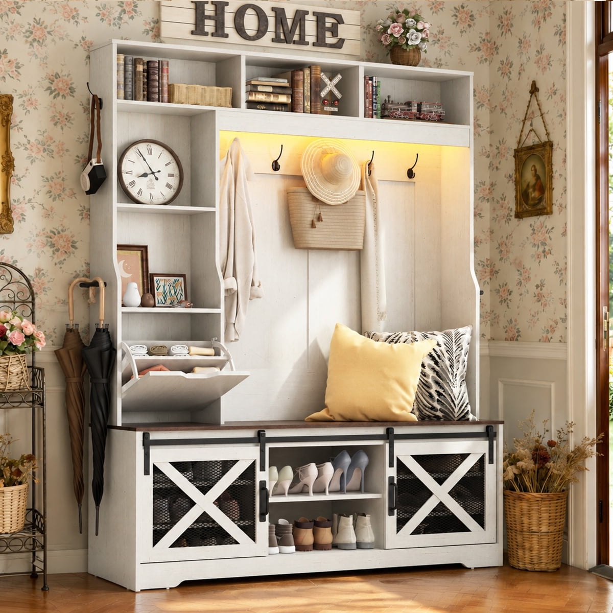 ChVans 75''H LED Farmhouse Hall Tree w/ Bench & Shoe Storage, 59"W Large Hall Tree Entryway Bench w/ Coat Rack, 16 Shoe Cabinet, Umbrella Holder&Sock Storage Drawer, Mudroom, Hallway