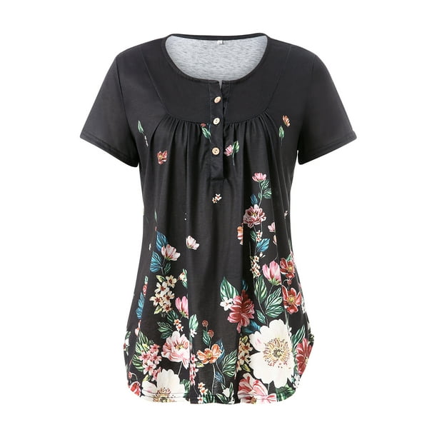 Sunloudy - Camiseta larga con cuello henley para mujer, camisetas de manga corta con estampado de flores, rayas, llamas y oro Sunloudy S M L XL XXL