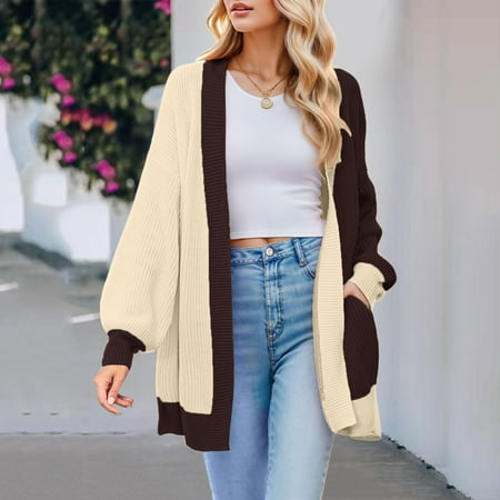 

Cardigans For Women Trendy Cozy Elegant Casual Knit Loose Fit Color Blocking Cardigan Coffee L
