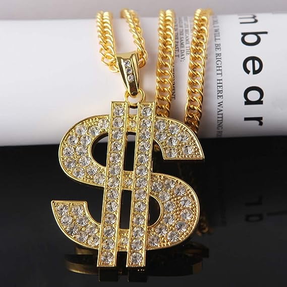 Hip Hop Dollar Necklace and Rings Rapper Plated Chain Hip Hop Plated Ring Dollar Sign Pendant Chain Rap Singer Gold Dollar Pendant Chain Rapper