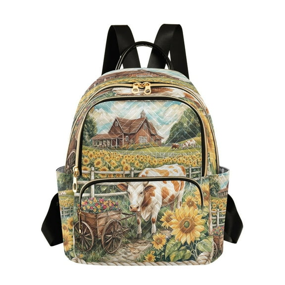 Casual Cow with Cart in Sunflower Field Backpack for School,College and Travel, Water Resistant Bookbag,