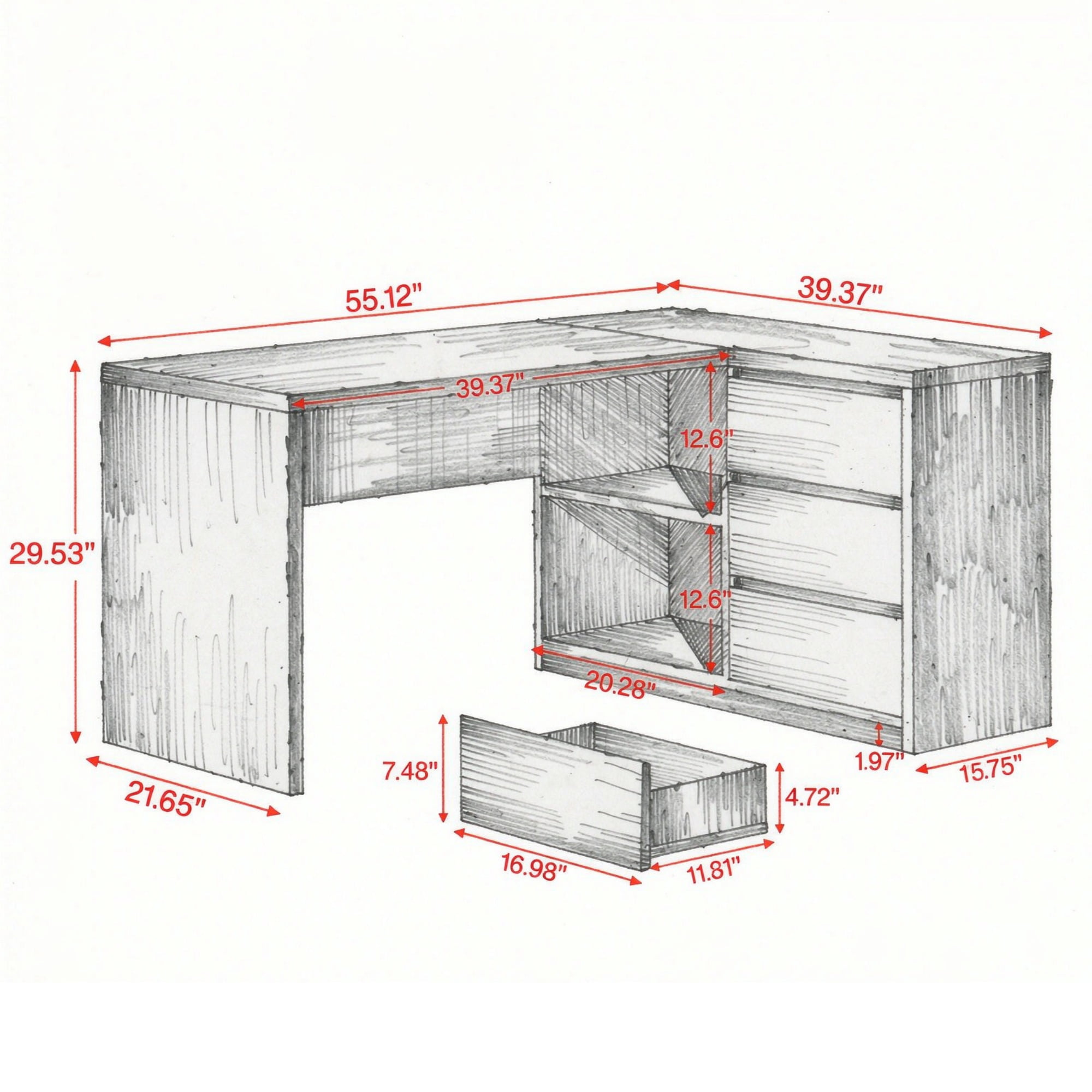 55" L-Shaped Computer Desk with LED Lights, 3 Drawers, White