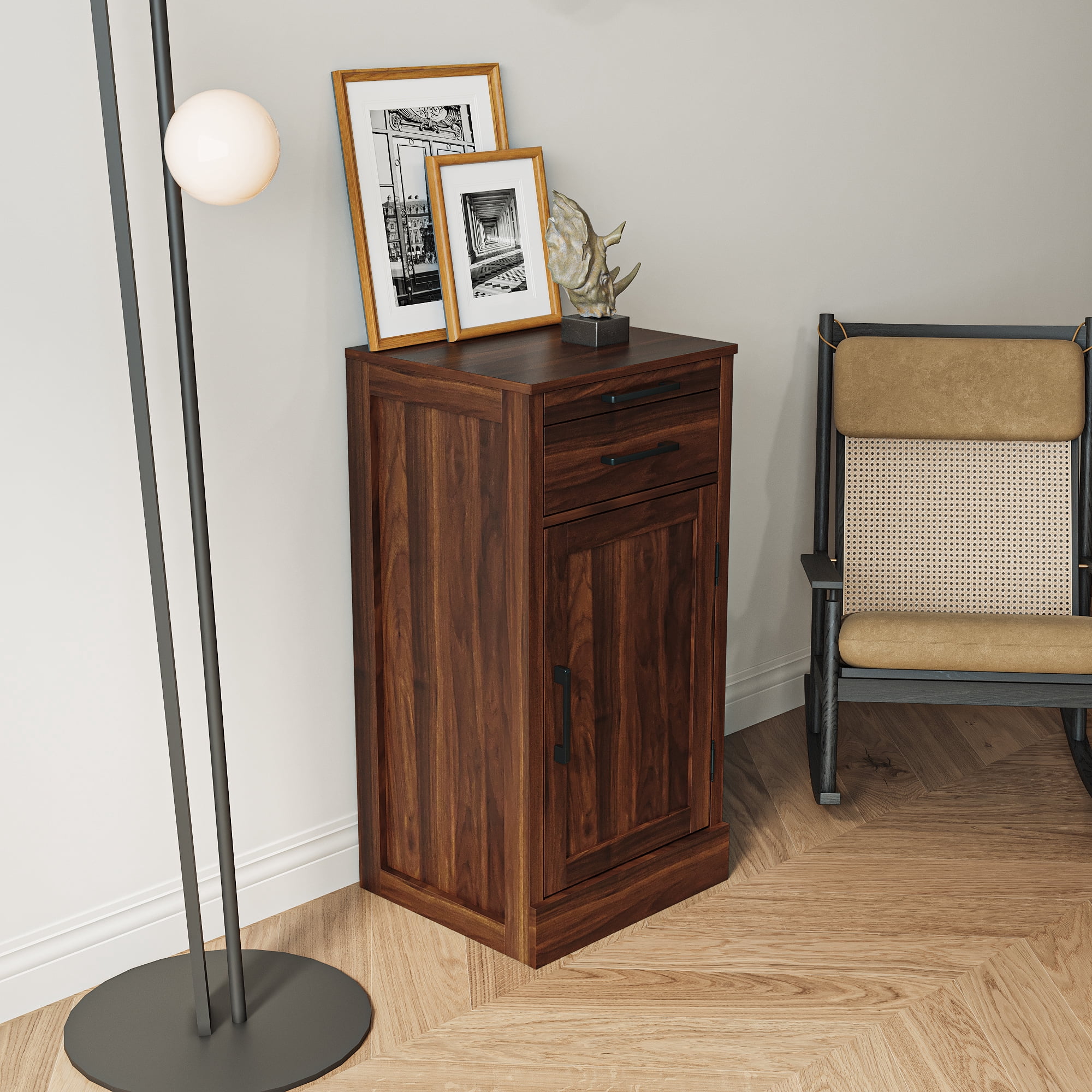 Wine Bar Cabinet with Hutch, Modular Storage Cabinet for Dining Room or Office with Drawer and Shelves, Brown Walnut Finish, Versatile Home Organization