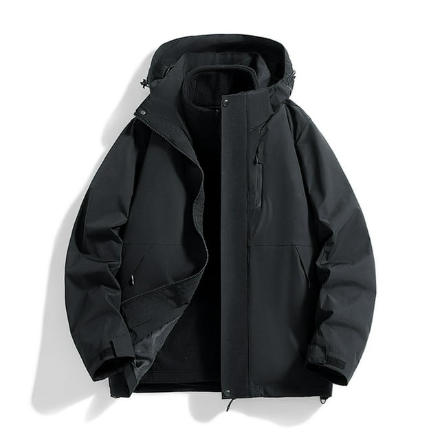 LOVZFMLL Jackets for Men's Solid Color Hooded Three-in-one Detachable Multi-pocket Cardigan Relaxation Outdoors Zipper Overcoat Coat
