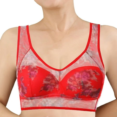 QYZEU Ladies Bras Padded Mesh Lace Seamless Comfort Bra Wireless Push Up Flower Print Everyday Bras Full Coverage Lightweight Thin Underwear Red XXL