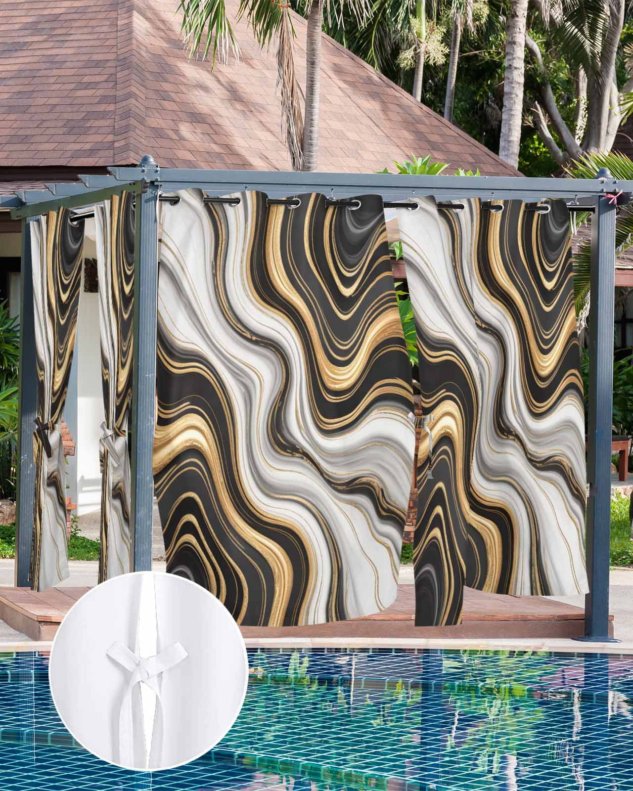 Black Golden Marble Outdoor Curtains for Patio, Gray White Ombre Abstract Texture Privacy Drapes Grommet Waterproof Outside Curtains for Porch/Cabana/Balcony 54"x 95", 2 Panel