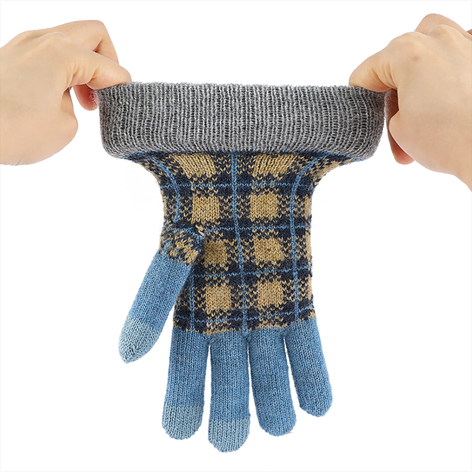 CHGBMOK Clearance Winter Women's Cold And Windproof Lattice Plush Warm  Knitted Finger Gloves