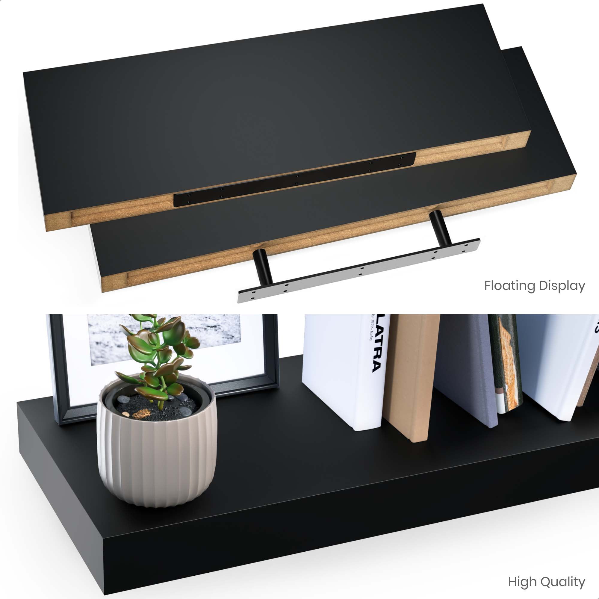 Ballucci 24" Floating Shelves, 2-Pack Wood Wall Shelf Set with Invisible Brackets, 8" Deep, Black
