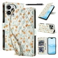 thumbnail image 1 of Wallet Case for iPhone 16 Pro Max , PU Leather Phone Cover Kickstand RFID Blocking Flip Case Card Slots Wrist Strap Relief Engraved Pattern Magnetic With Stylus Pen, Orange Flower, 1 of 10