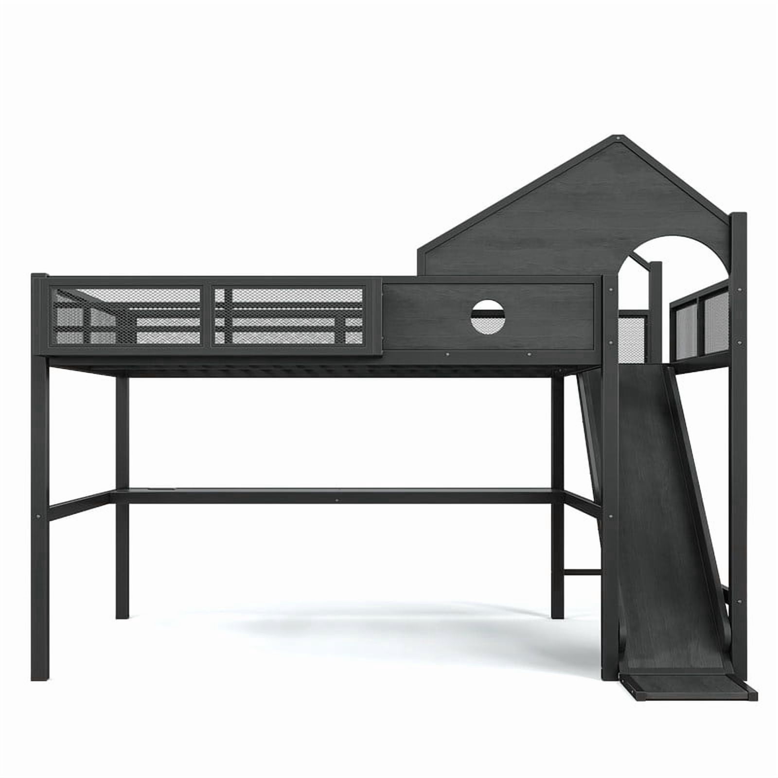 Queen Size House Shaped Kids Loft Bed with Slide, Teens Metal Bed Frame with LED Lights, Desk, Power Outlet & Storage Shelf