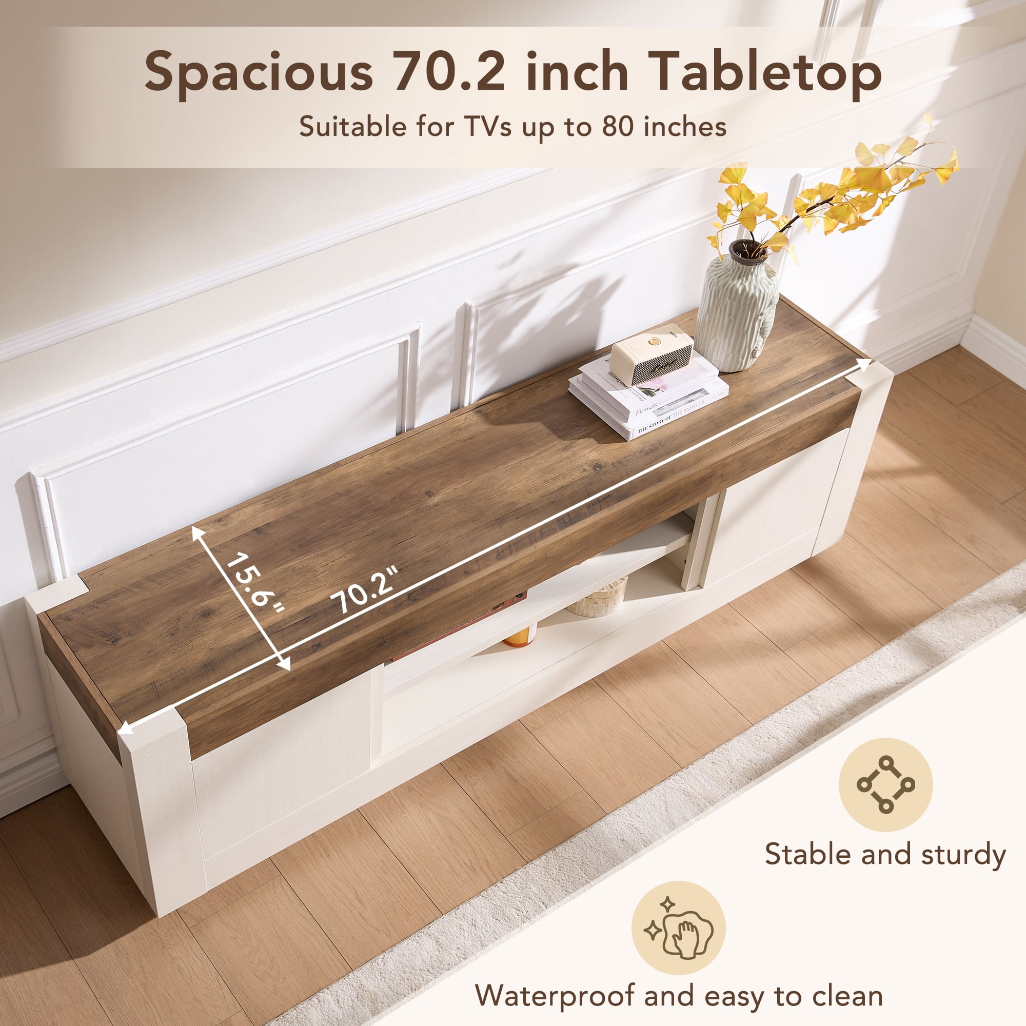 KeyWhat 70" Modern Low Profile TV Stand for TVs up to 80", Open Storage & Adjustable Shelves