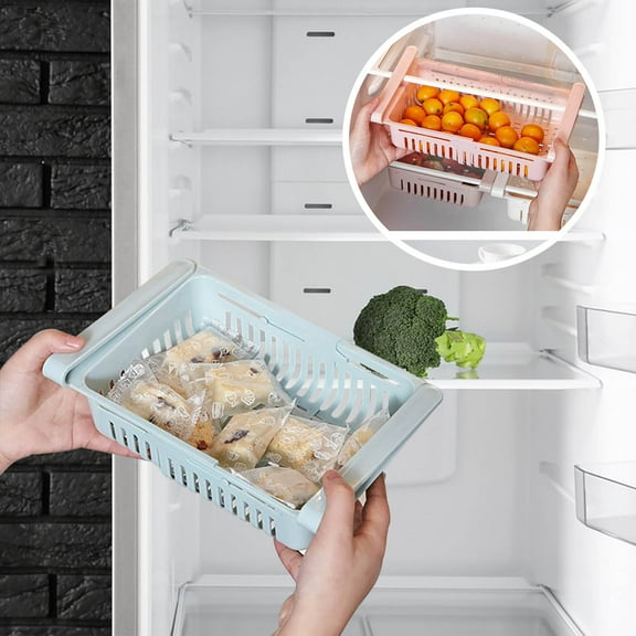 Refrigerator Storage Rack, Pull-Out Stackable Organizer Bins for Vegetables, Fruits and Condiments, Adjustable Fridge Shelves with Non-Slip Clips, Space Saving Kitchen Container