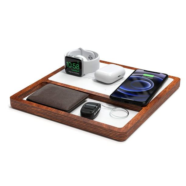NYTSTND TRIO TRAY 5-Coil, White Leather Top, Oak Wood Base 3-in-1 Wireless  Charging Pad, Amish Handcrafted Charger for Multiple Devices, Quick Charge  