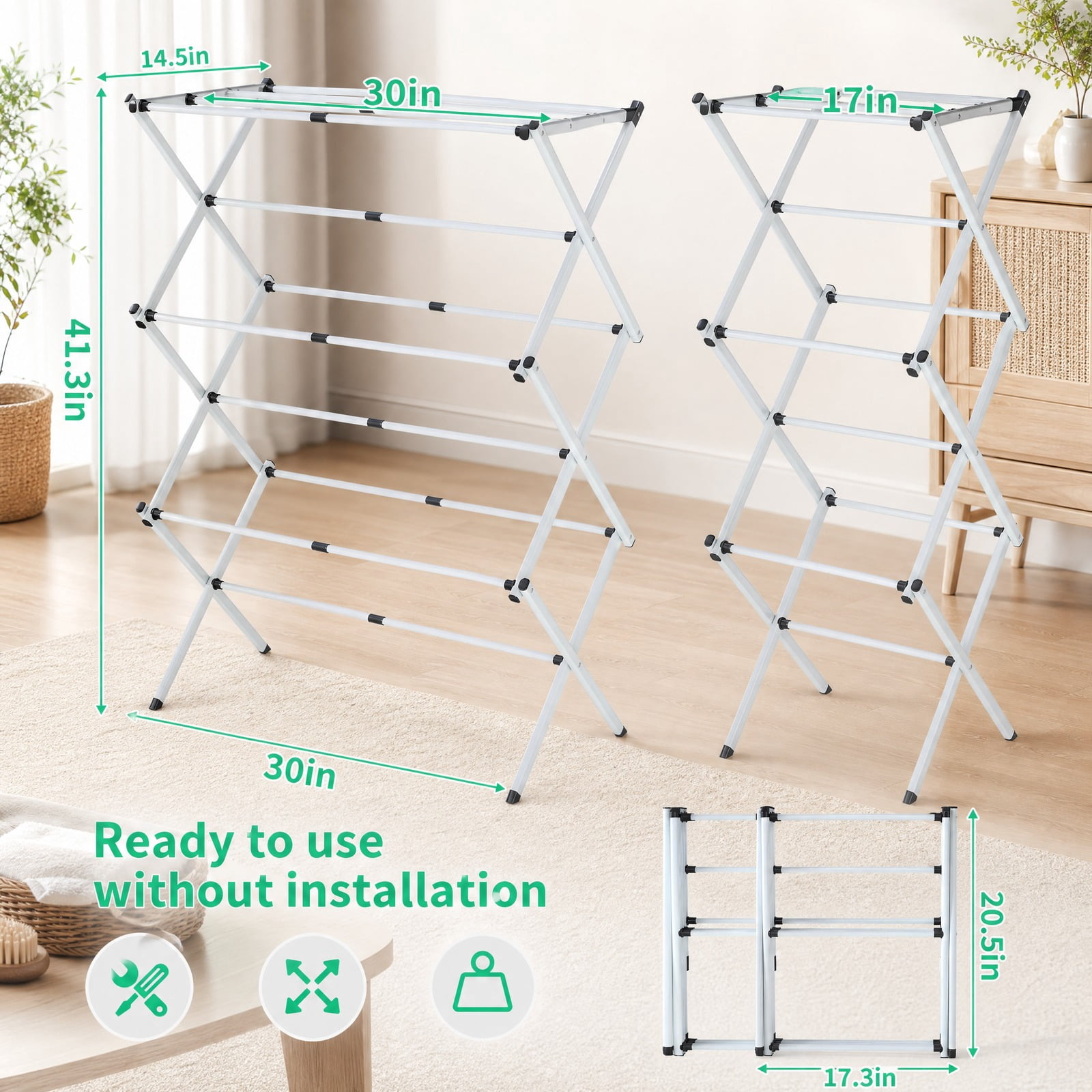 Fenbeli 3-Tier Clothes Drying Rack, White Foldable Steel Laundry Stand with 11 Drying Rods, Space-Saving Design for Indoor and Outdoor Use