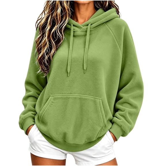 AKOEE Flannel Hoodies for Women with Kangaroo Pocket Baggy Sweater Tops Drawstring Fleece Hooded Sweatshirt (L, Green)