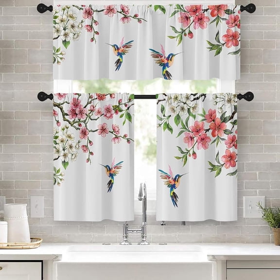 Floral Window Valance for Windows, 52x39 Inch, 3 Pack, | Bird Botanical Watercolor Spring Rod Pocket Cafe Curtain Drapes for Living Room Bedroom Bathroom Kitchen Over Sink Decor