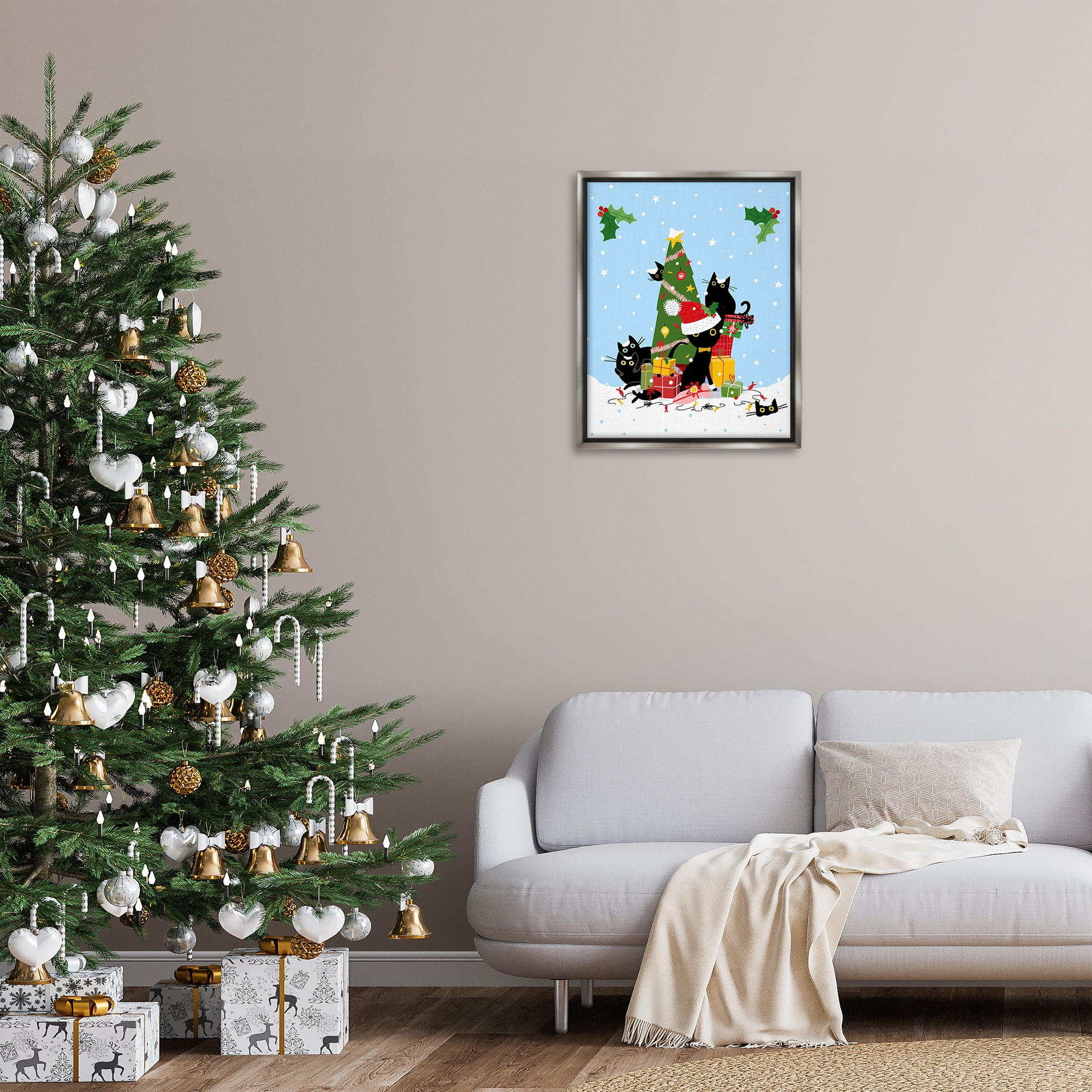 Stupell Industries Silly Cats in Christmas Tree Holiday Painting Gray Floater Framed Canvas Art Prints Wall Art, 25 x 31