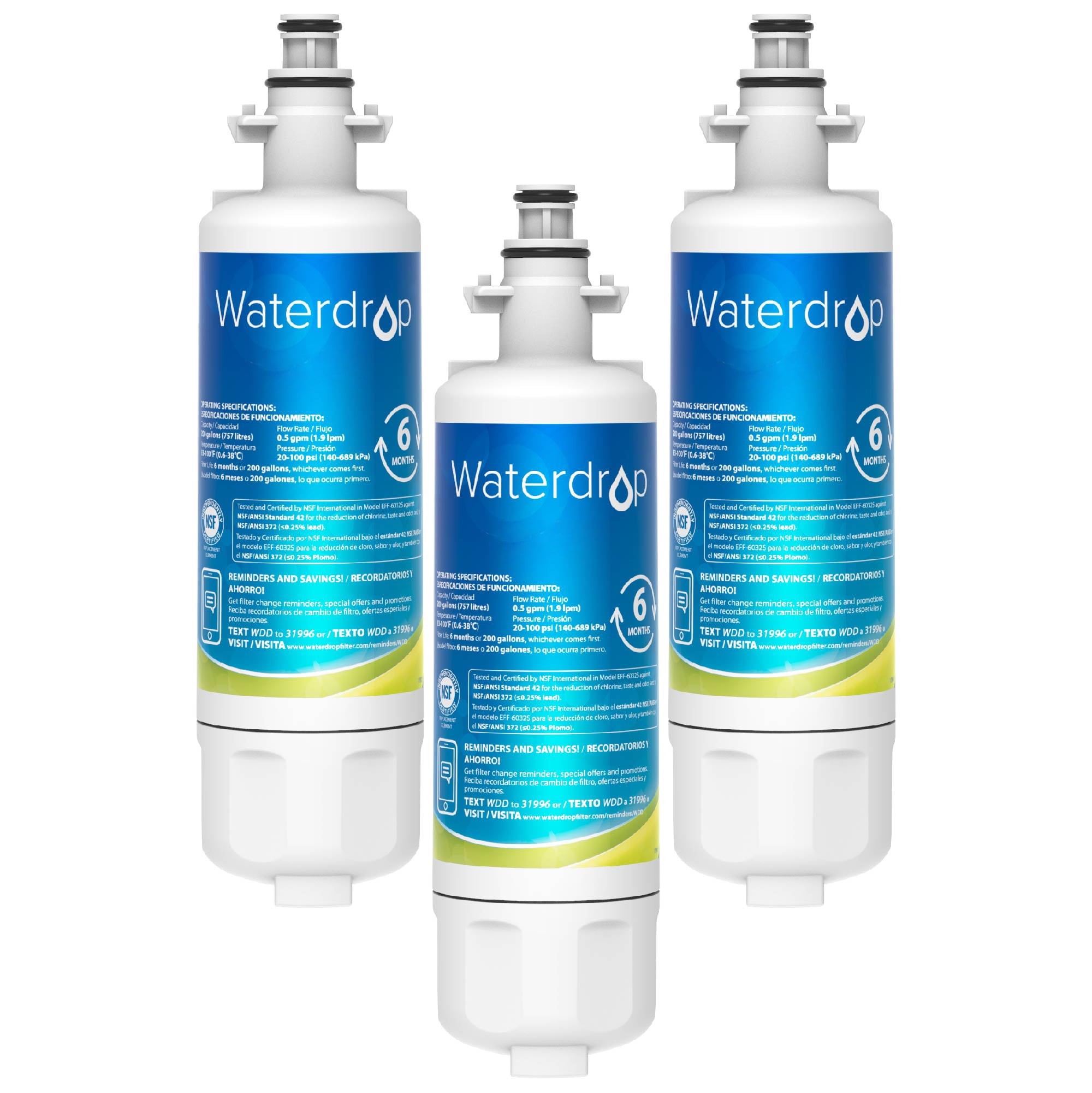 Waterdrop 469690 ADQ36006101 Refrigerator Water Filter, Replacement for LG® LT700P® , ADQ36006102, Kenmore 9690, LFXS30766S, LFXS24623S, FML-3, RFC1200A, RWF1200A, WSL-3, Pack of 3