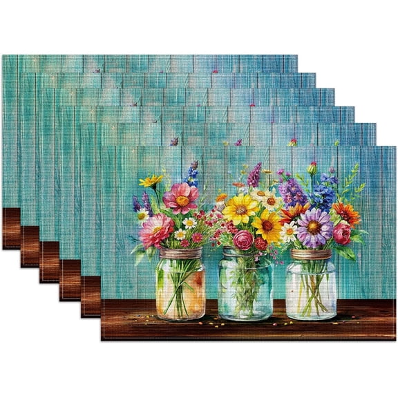 Rustic Flower Placemats Set of 6, Spring Flower Vase Linen Place Mat Washable Stain Resistant Table Mats for Farmhouse Kitchen Party Wedding 12x18 Inch