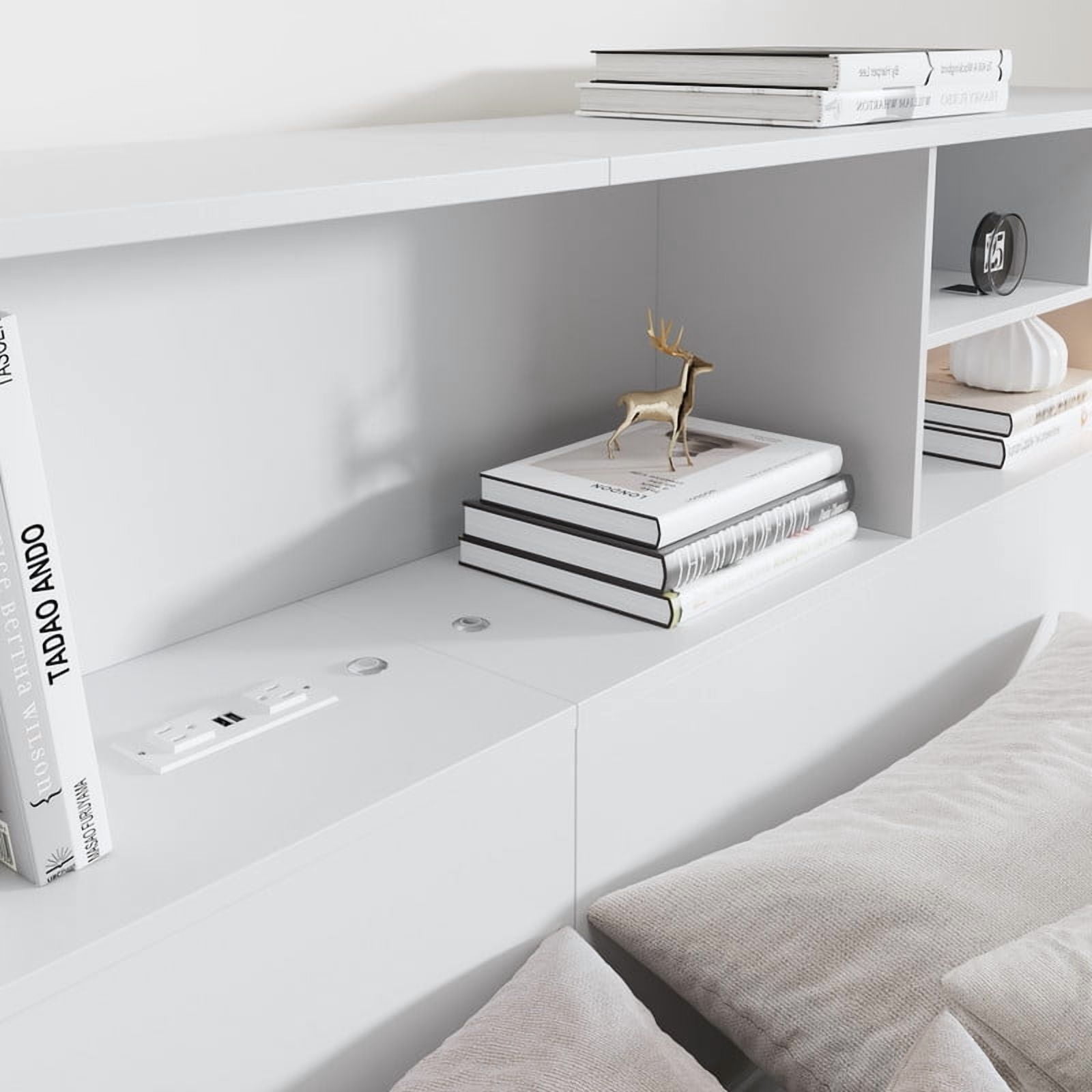 Someet Headboard for King Size with Storage, Bookcase Headboards with USB & Type-C Port & Power Outlets & 2 LED Lights, Durable and Sturdy, White