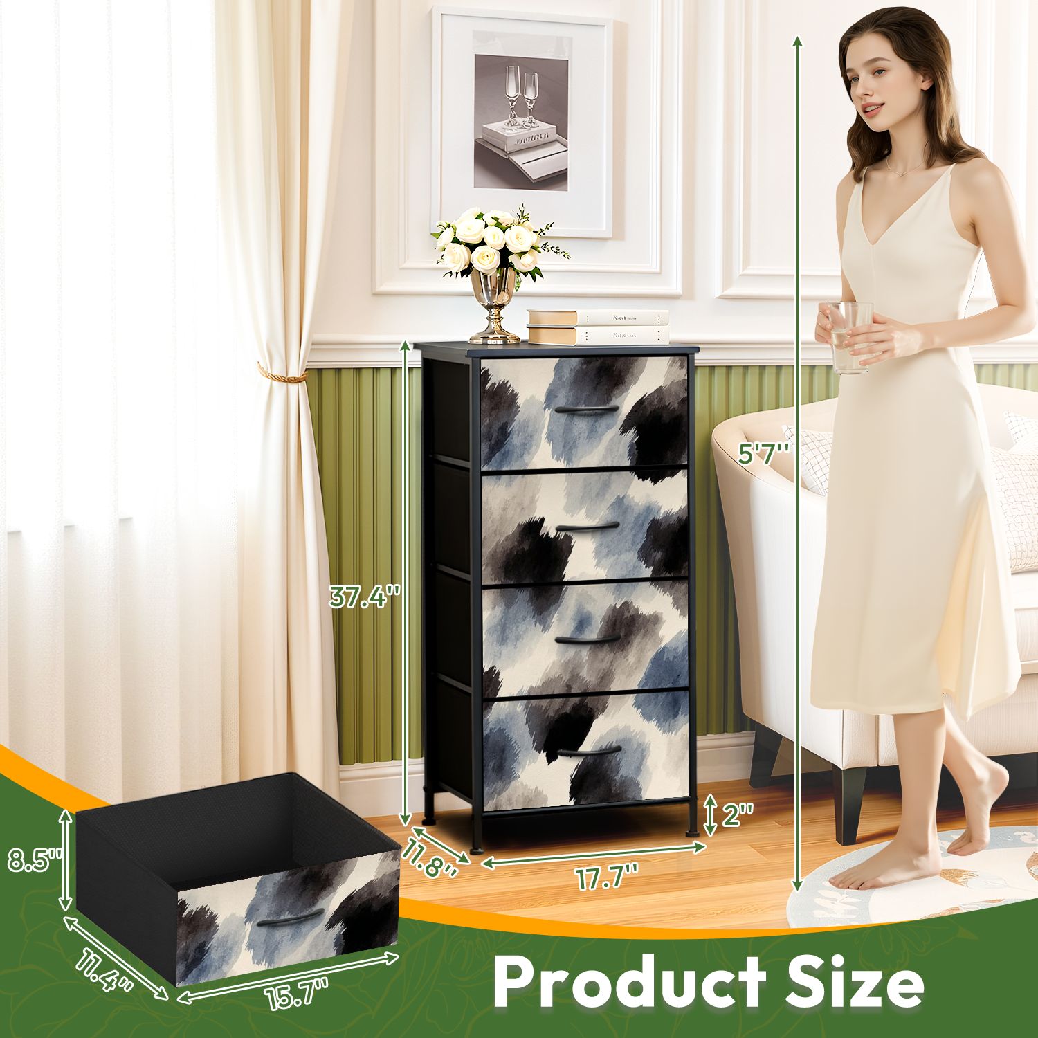 4 Drawer Vertical Storage Dresser Cute black brush strokes cream watercolor color brush with Wood Top Fabric Pull Drawers