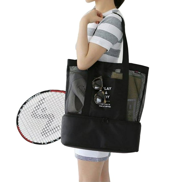Mesh Shoulder Bag, Insulated Beach Tote Black High Capacity Breathable Double Layer Fashionable For Outdoor