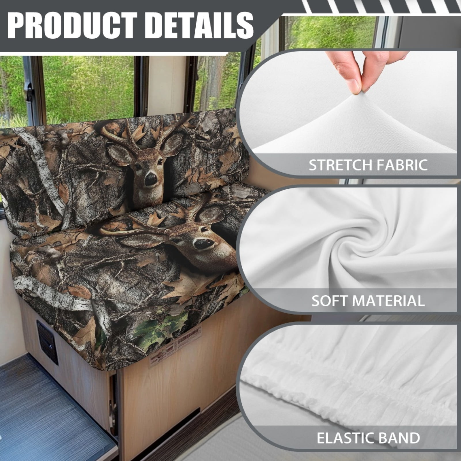 FOR U DESIGNS Deer Hunting Camo Pattern 2 PCS RV Dinette Cushion Covers Wear-Resistan Camper Seat Covers Dinette Booth Camper Cushion Slipcover Sofa Slipover for Travel Trailer Couch