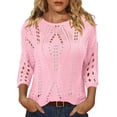 thumbnail image 3 of Womens Summer Tops Hollow Out Beach Crochet Cover Ups Off Shoulder 3/4 Sleeve Pullover Casual Sweater Shirts for Vacation, 3 of 5