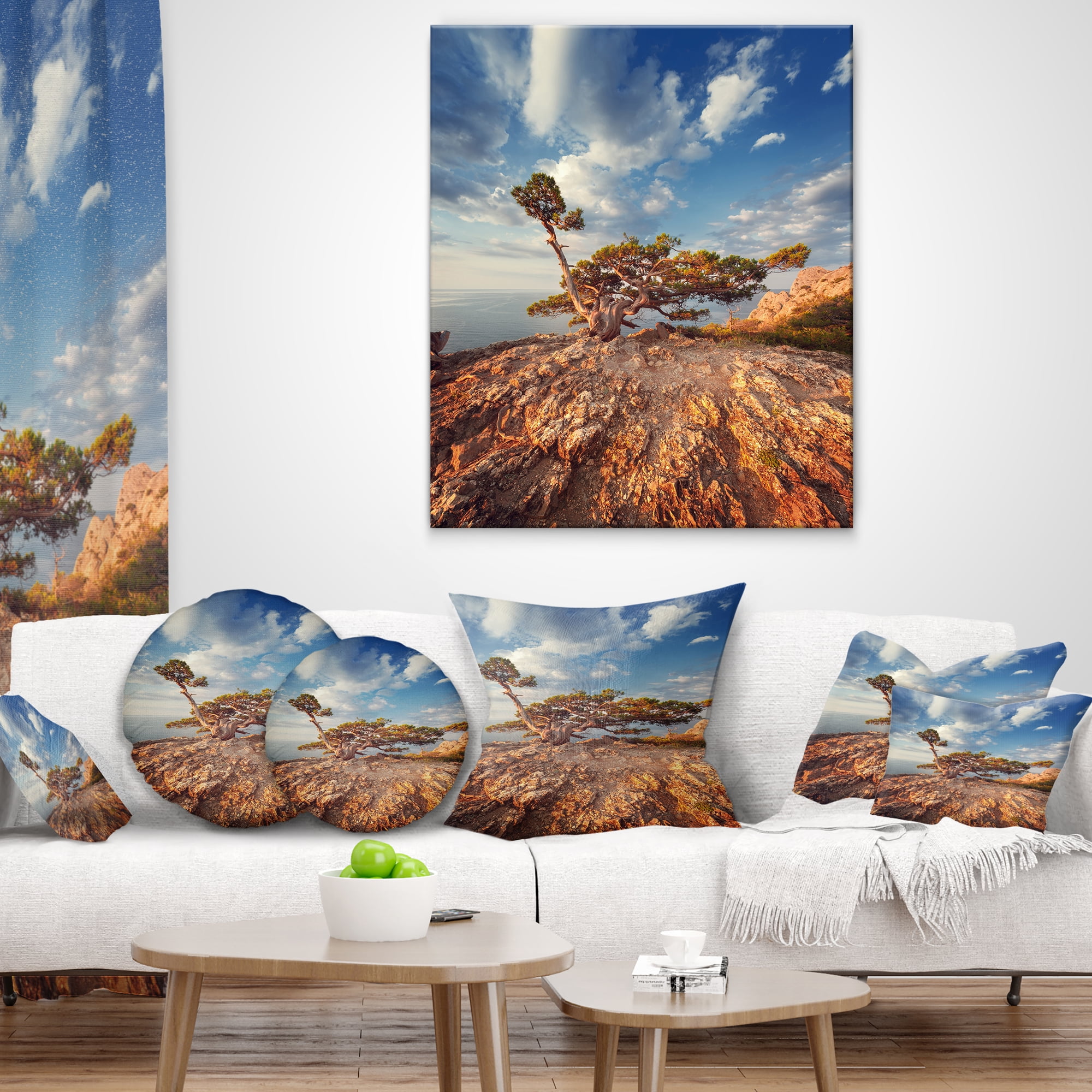 Designart Sunrise with Old Tree at Peak - Landscape Photo Throw Pillow - 12x20