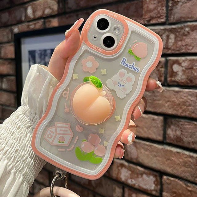 3D Chicken Peach Decompression Toys Ring Strap Holder Wave Phone Case For iphone 15 14 X XR XS 1113 Pro Max 12 Pro 7 8 Plus Gift