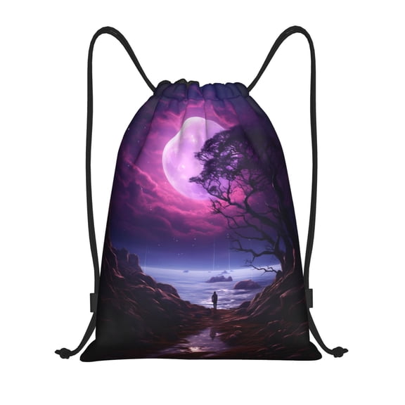 Drawstring Backpack - Purple Moon Tree Night Sky Splash Proof Small Drawstring Gym Bag for Women Men, Cinch Sports String Bag Backpack for Travel Swimming Beach