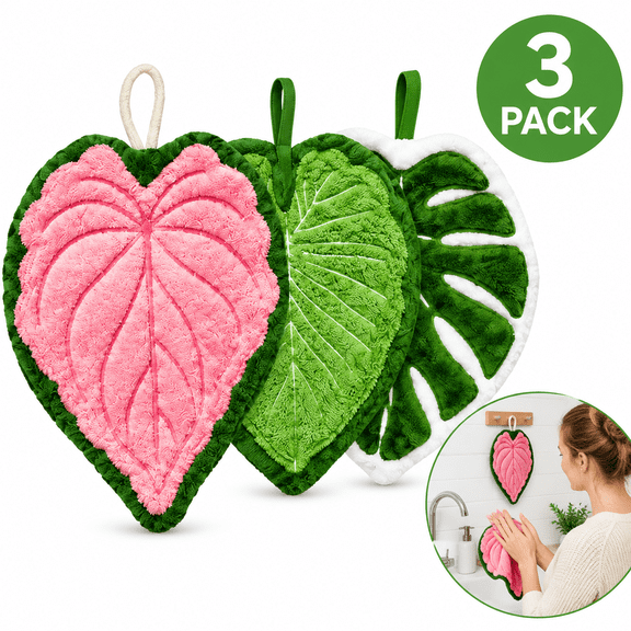 Leaf‑Shaped Coral Fleece Hand Towels 3‑Pack, Absorbent Quick‑Dry Decorative Towels, Green Pink White Set for Kitchen Bathroom Living Room