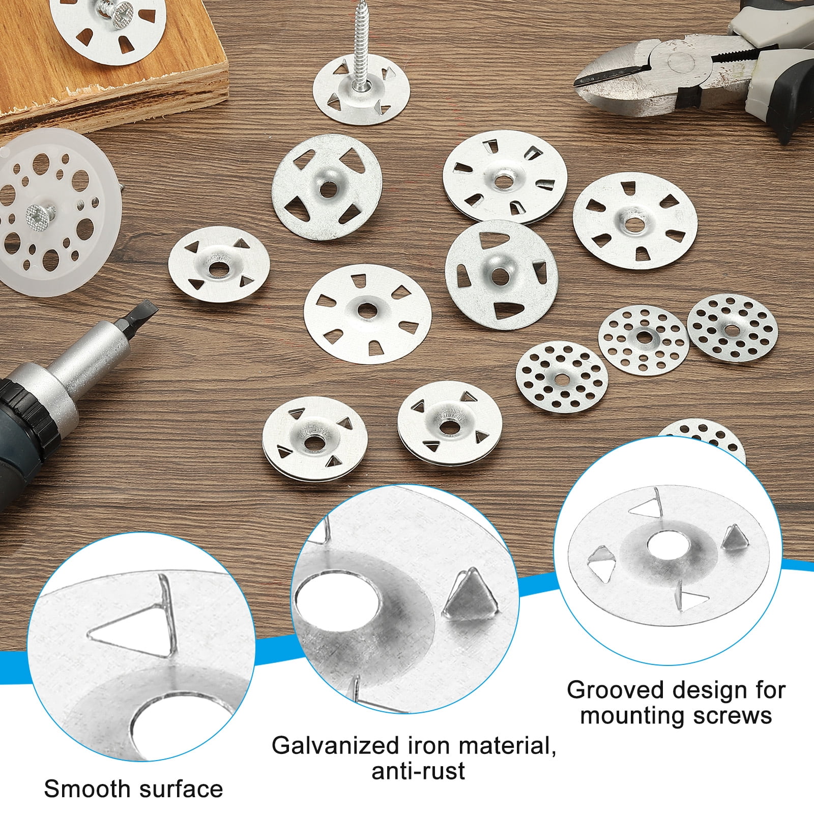 1-1/8 Insulation Washers, 400 Set 28mm Metal Insulation Washers Foam Board Fasteners Perforated Plaster Washers with Screw Galvanized Steel for Foam Board Fixing Fastening Wall