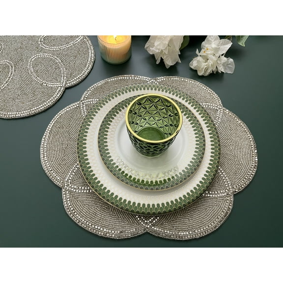 Set of 6, Handmade beaded placemat, beaded table mat, silver, scalloped shape, oval