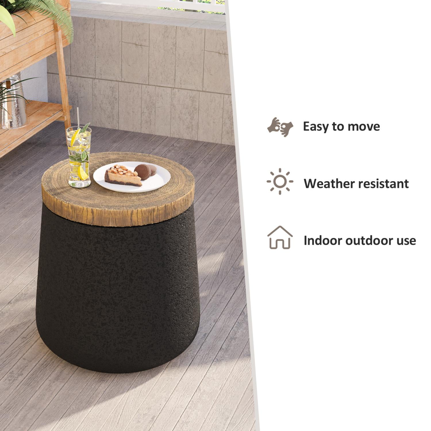 VENTOPYR Concrete Outdoor Side Table with Wood Grain Top,Small Cylinder Shaped Round Accent End Table for Patio, Garden,Black