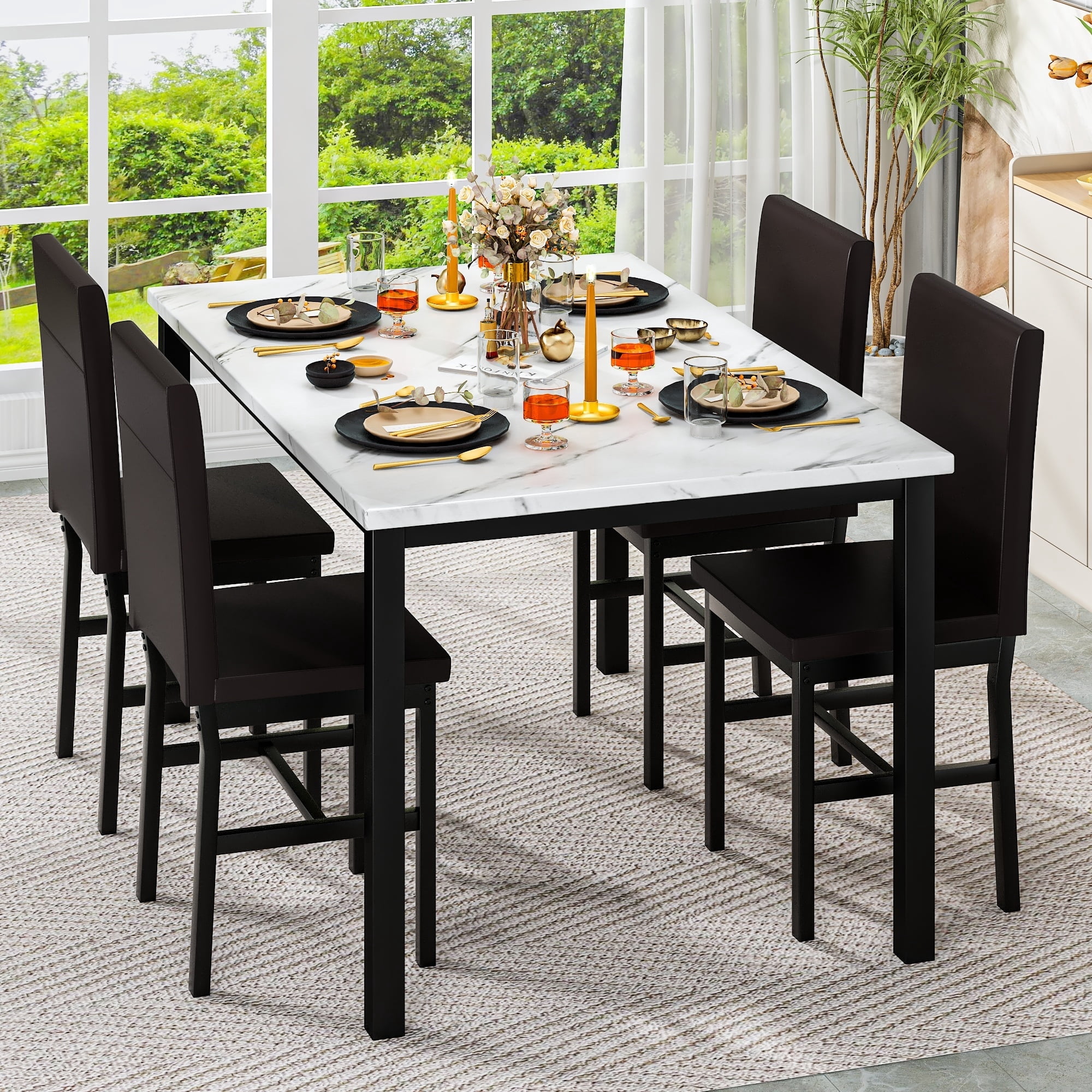 AWQM 5 Piece Dining Table Set, Modern Faux Marble Tabletop and 4 PU Leather Upholstered Chairs, Rectangle Kitchen Table and Chairs for 4 Persons, Small Dining Set for Bar Dining Room Breakfast Nook