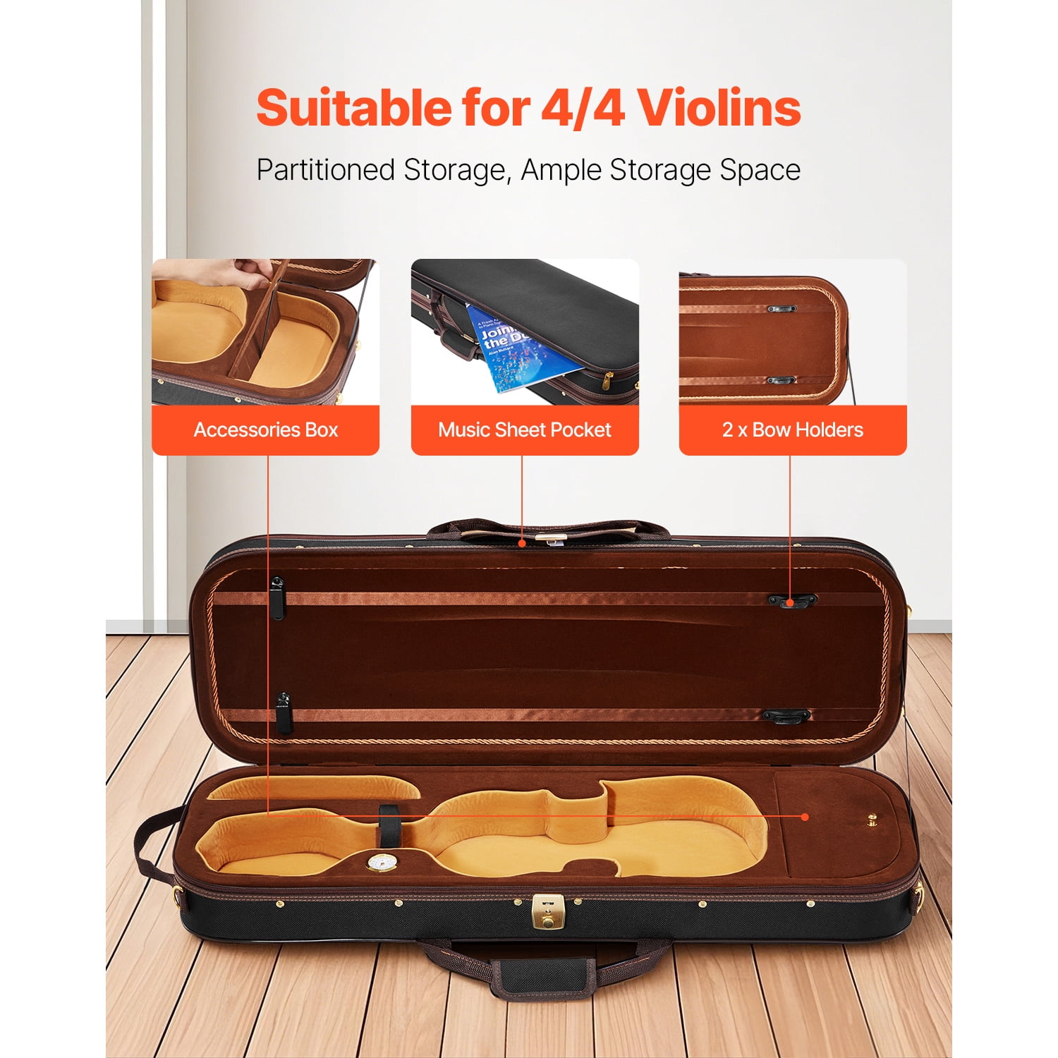 KFFKFF 4/4 Full Size Violin Case, Integrated Hygrometer, Lightweight Travel Carry Bag, Plush Interior, Shoulder Straps, Scratch-Resistant, Oblong Design, for Violin, Black
