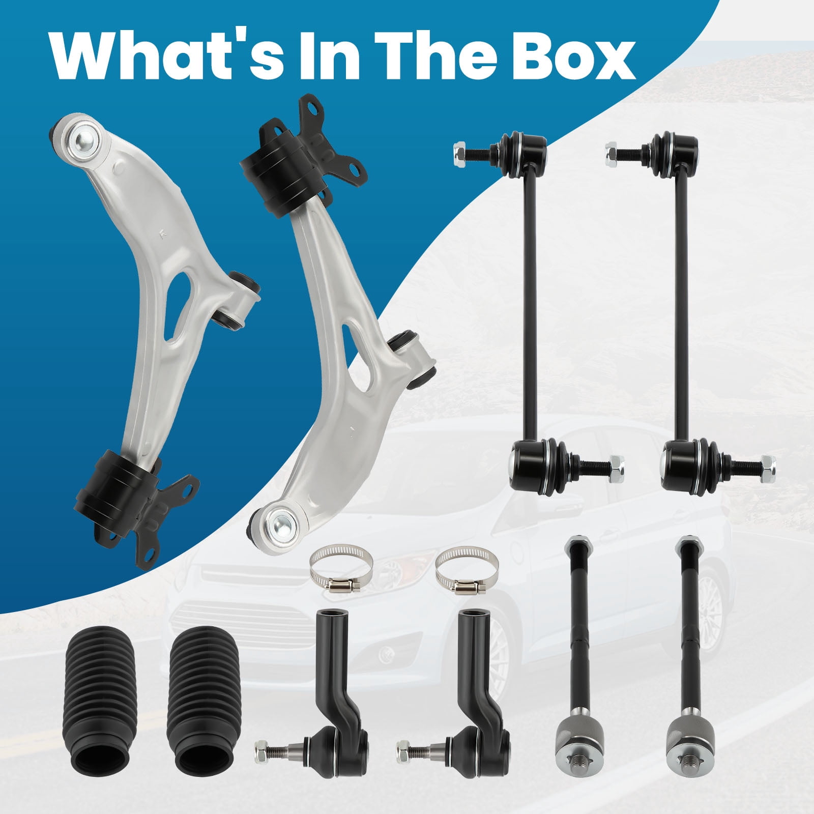 maXpeedingrods 10Pc Suspension Kit for Ford Focus 2012-2018, Ford C-Max 2013-2018, Front Lower Control Arm w/Ball Joint Sway Bar Links Outer Inner Tie Rods Boots