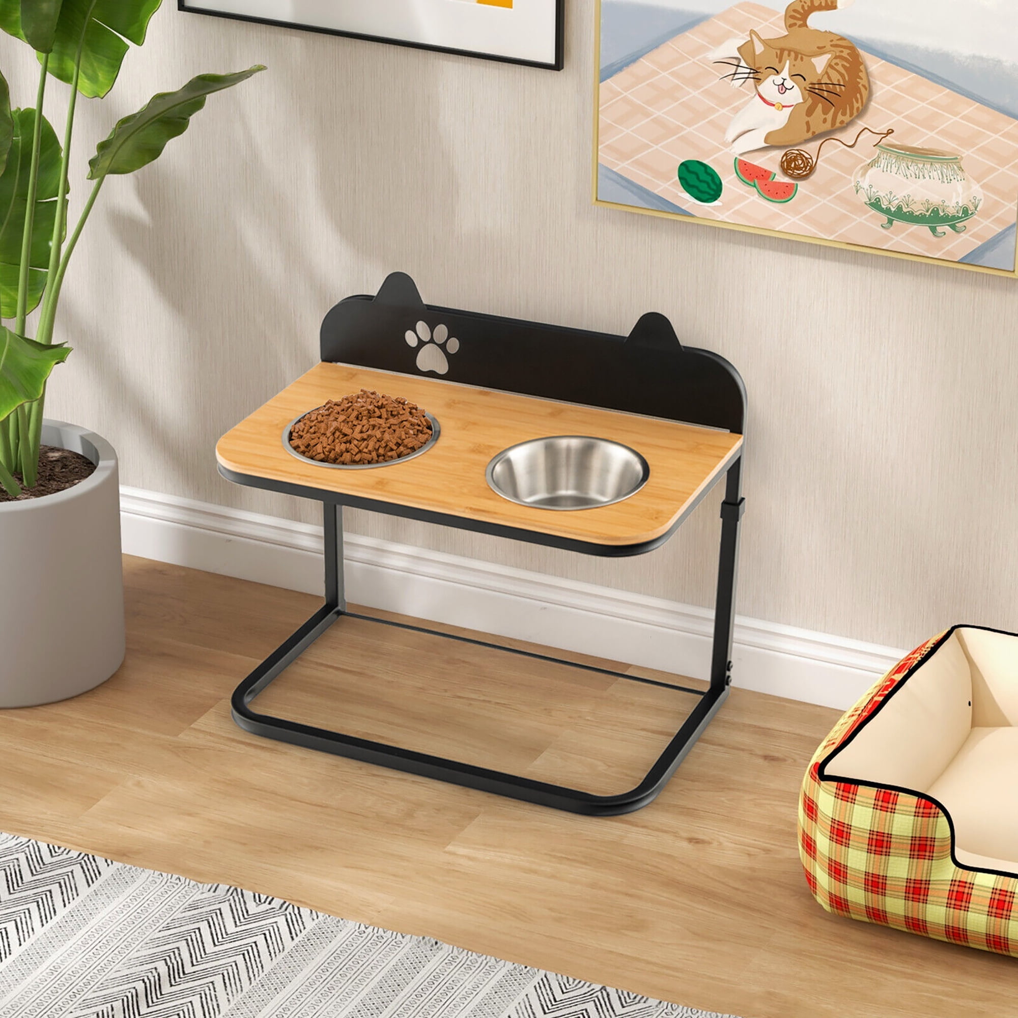 Gymax Elevated Dog Bowls 3 Adjustable Heights with 2 Stainless Steel Food Water Bowls