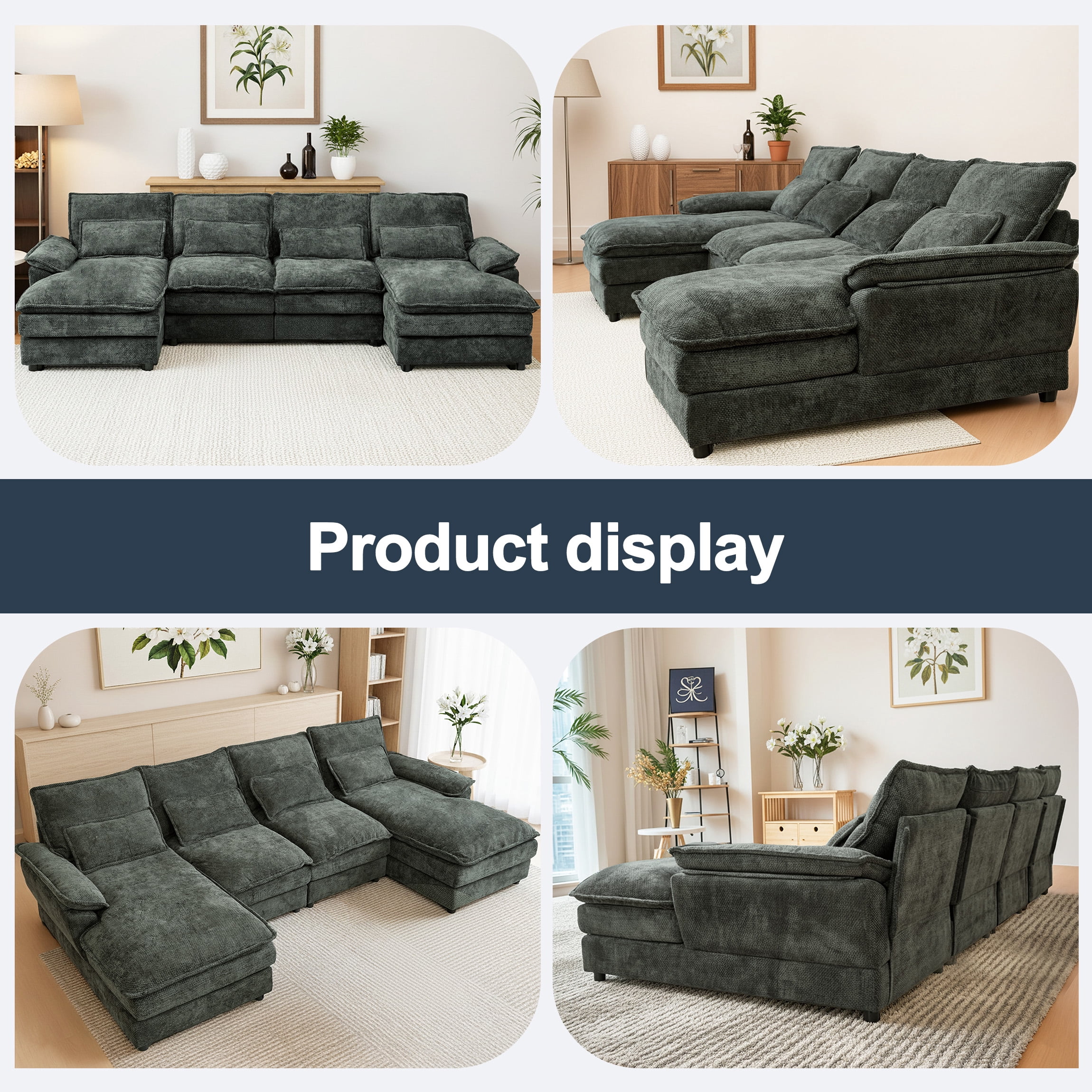 SEENYOO 110.24" U-Shaped Couch, Cloud Modular Sectional Sofa with Chenille Fabric, 4-Seat Comfy Couch for Living Room, Black-Gray